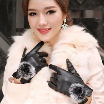 

1 Pair 2016 Beautiful Rabbit Fur Ball PU Leather Gloves For Winter Gloves Brand Mitten Luvas Women Gloves Female Gloves