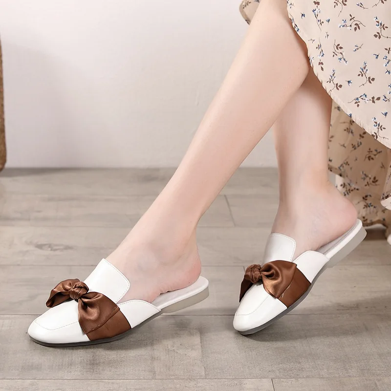 

Artdiya Summer Handmade Women Slippers Retro Original Comfortable Butterfly-knot Genuine Leather Outside Wear Soft Sole Slippers