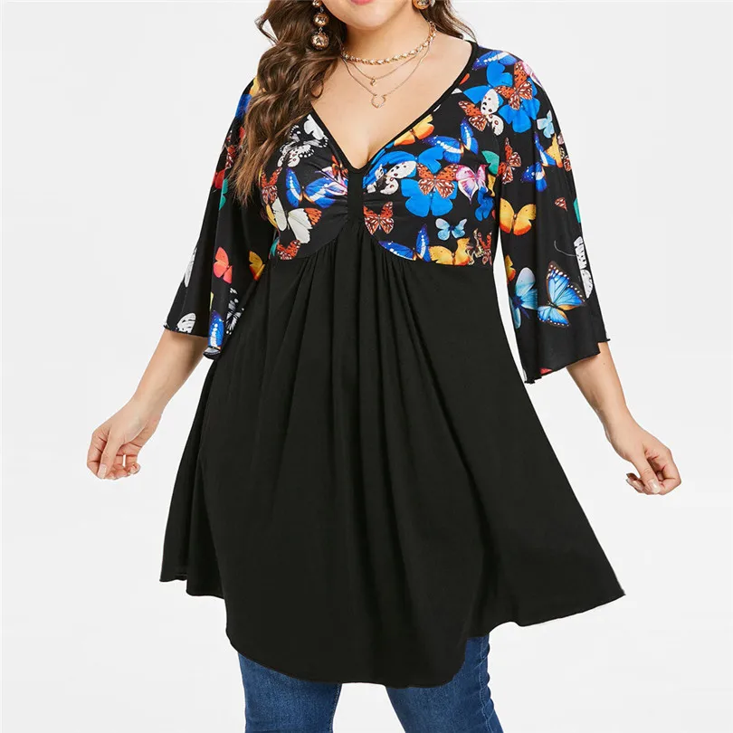 

KWAN_Cotton Large size V-neck design butterfly print decorative Half Sleeve sleeve long female top vogue tshirt woman Slim fit#2