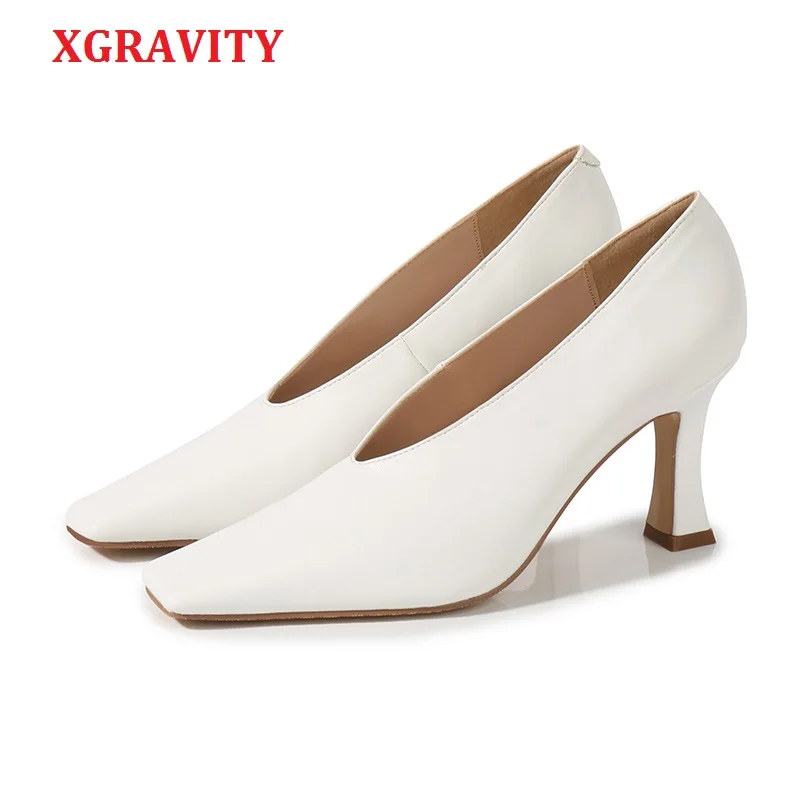 

XGRAVITY 2021 весенние женские туфли на высоком каблуке с квадратным носком V-образный дизайн женские модные свадебные туфли элегантные европейские женские классические туфли A101