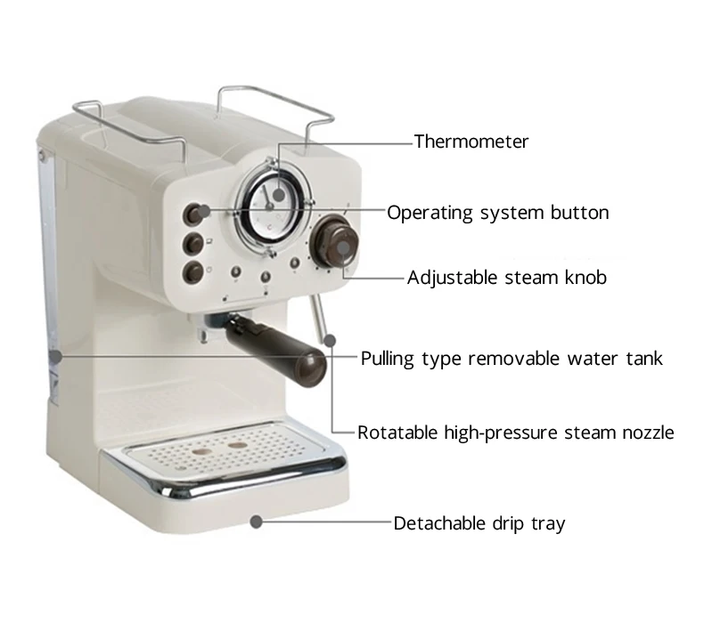 Пол кофемашина автоматическая зерновая Эспрессо-машина 15бар Итальянская кофемашина Двойной контроль температуры Тип пара капучинатор Ретро Белый 220V 15 бар эспрессо кофеварка итальянский паровой Тип молочной
