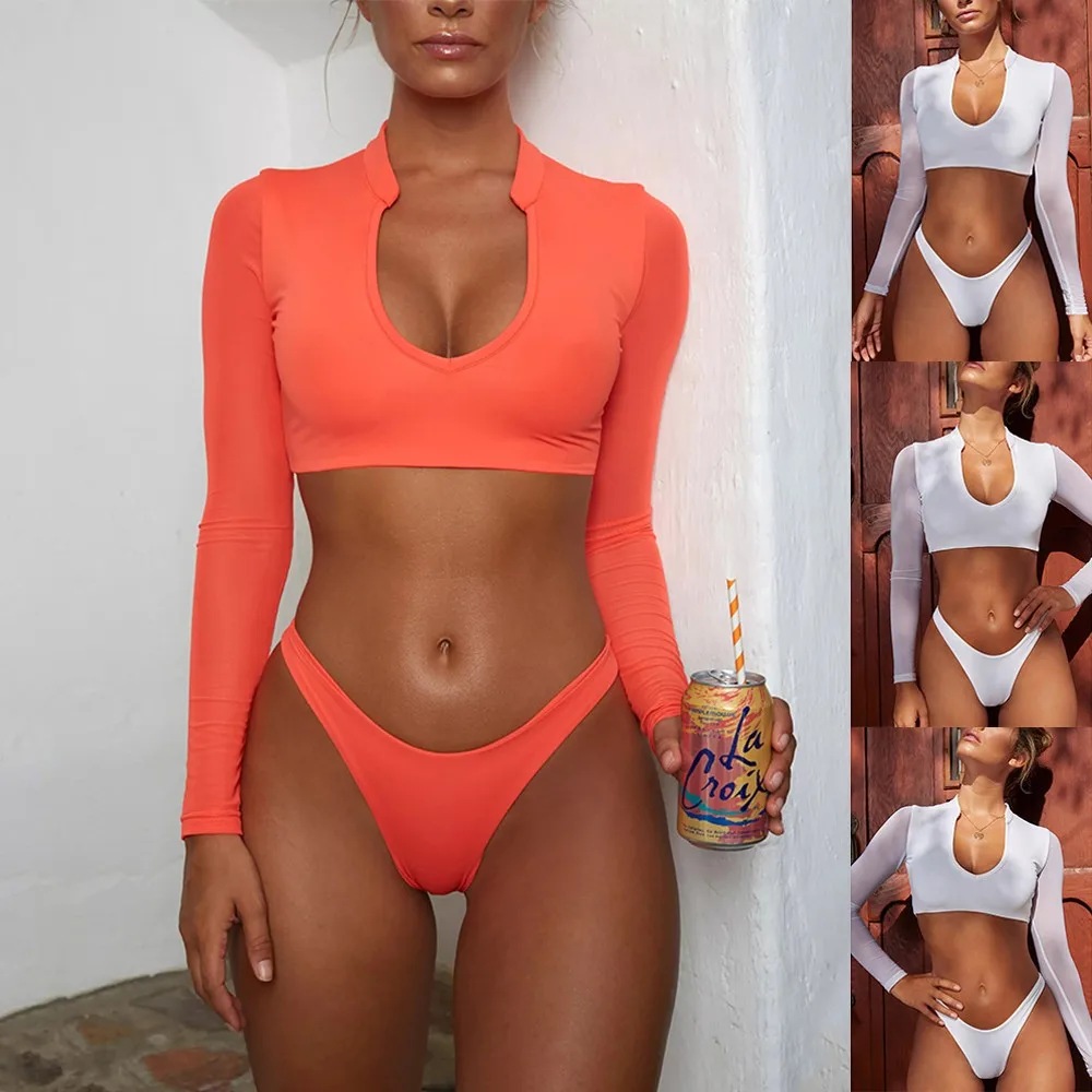 

Women Bikini Long Sleeved U-Neck Mesh Low Waist Sexy Ladies Two-Piece Swimsuit Swimwear Mujer Bikinis Set Biquini#30
