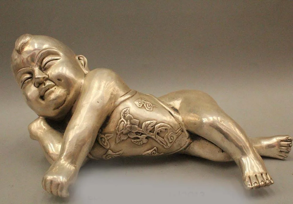 

6"China Chinese Folk Feng Shui Silver Lucky Boy Tongzi Buddha Statue