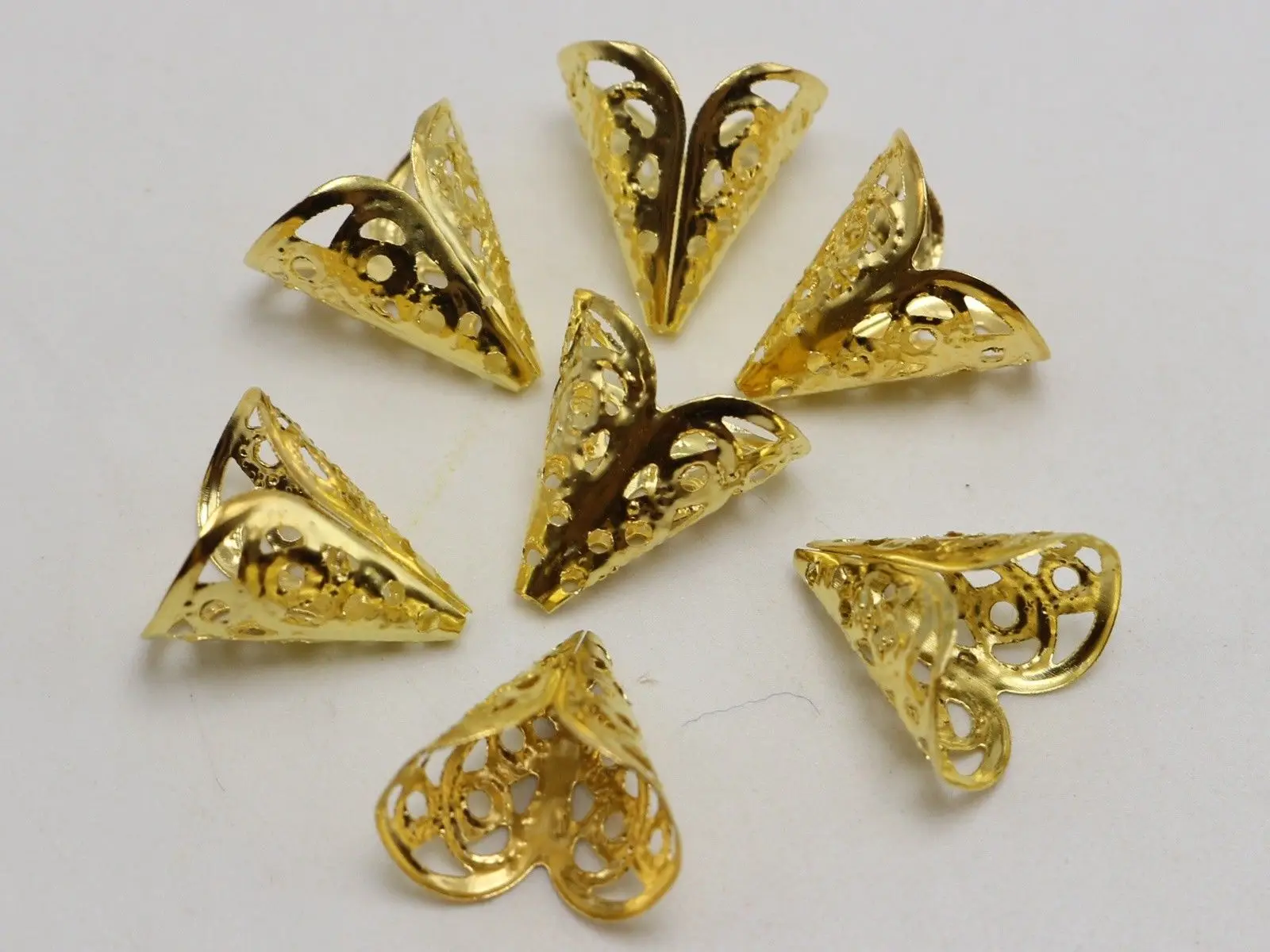 50 Golden Filigree Flower Cone Shape End Beads Cap 16X11mm Jewelry