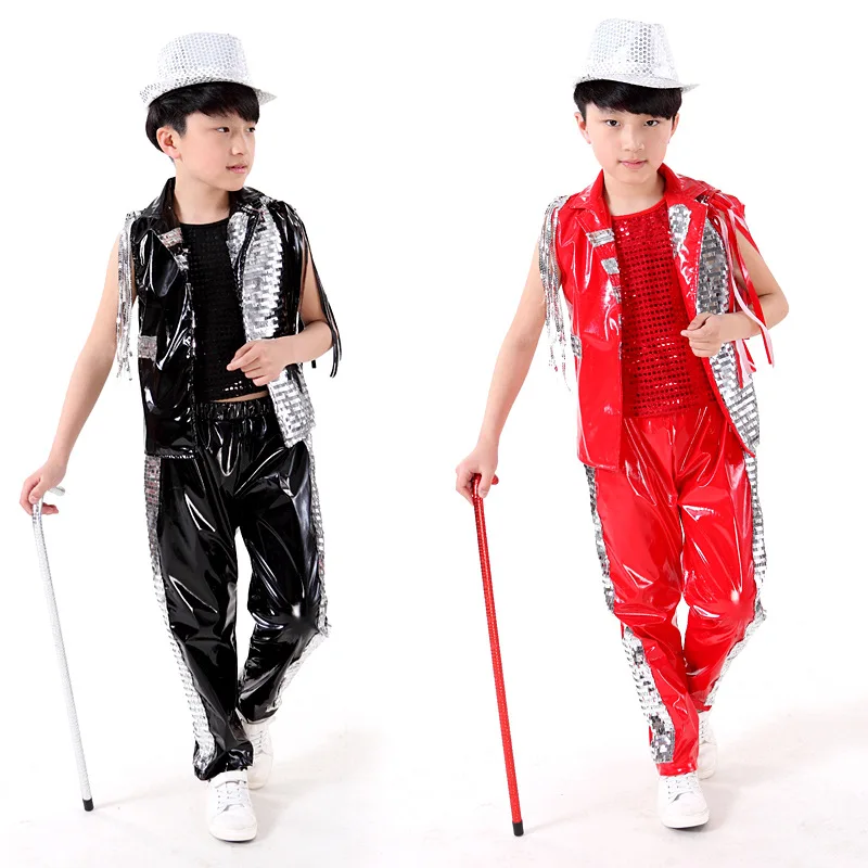 

Free shipping,red black PU children boy girl flashing sequins Jazz hiphop stage dance costume shirt vest pants ballroom clothing