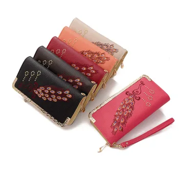 

8PCS / LOT National Style Women's Wallet Leather Peacock Embroidery Ladies Wallet Female Clutch Long Purse Carteira Femme
