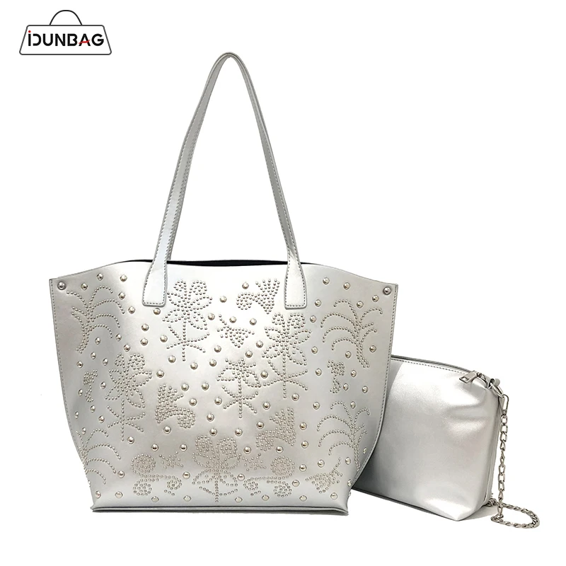 

2Pcs Rivet Women Handbags Set High Quality PU Leather Women Handbag Floral Shoulder Bag Luxury Brand Chian Messenger Bags Bolsas