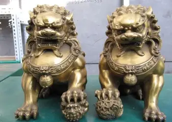 

11"Chinese Pure Brass Carved Evil Door Guardian Fu Foo Dog Lion pair