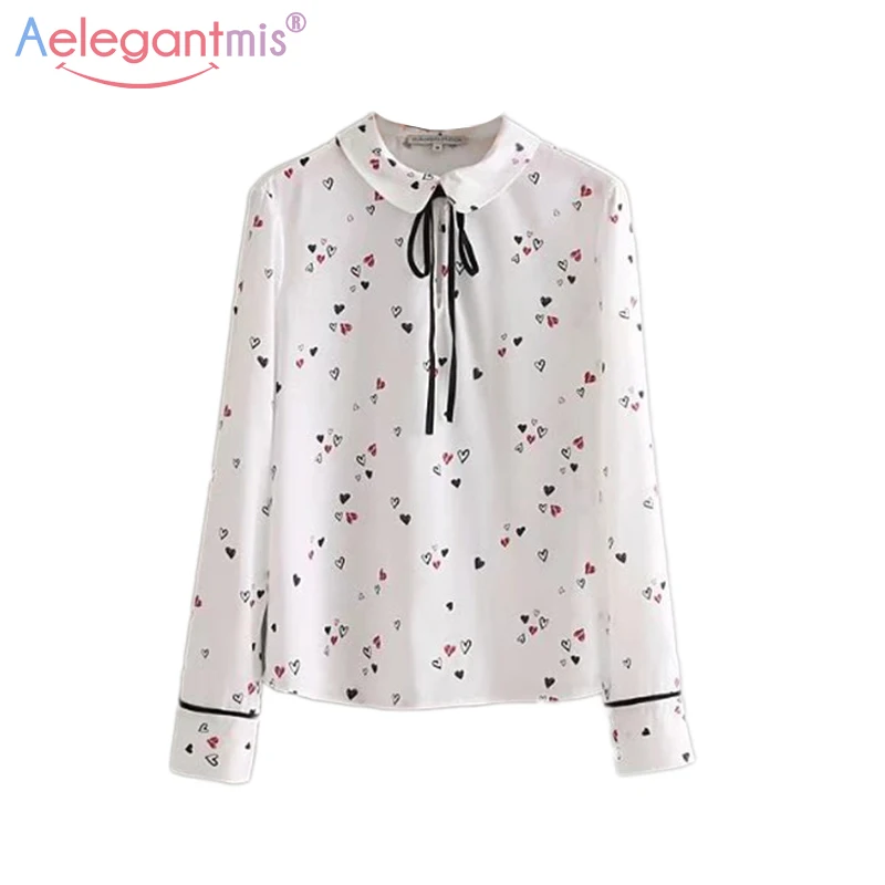 Aelegantmis Sweet Print Chiffon Shirt Women White Blouses