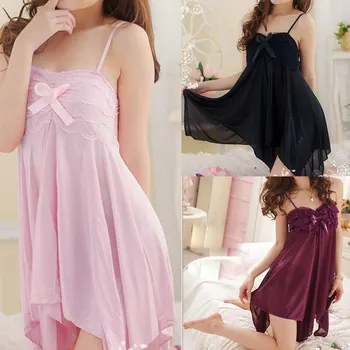 

Ladies Lingerie Night Dress Women Sexy Lace Bowknot Sleeping Dresses Silk Nightgowns Female Night Gown Sling Sleepwear