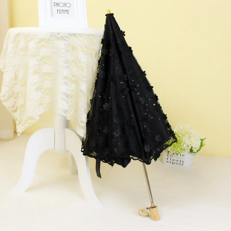 Кружевной двойной складной зонт высокого класса с вышивкой, Солнцезащитный черный пластиковый складной солнцезащитный Зонт с защитой от УФ-лучей - Цвет: Черный