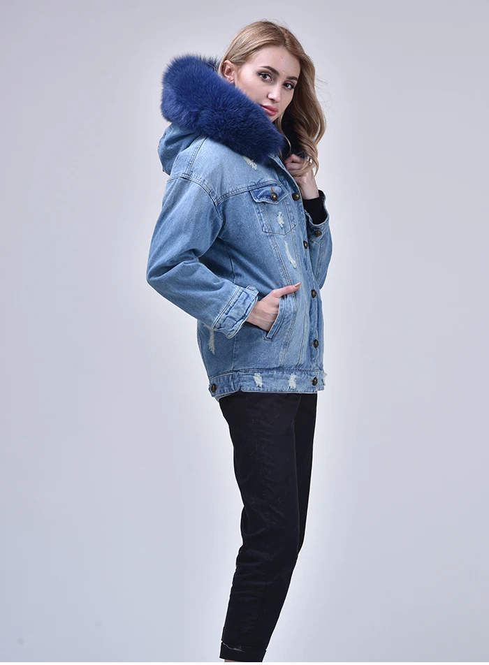 Women Denim Jacket With Fur hood Women Autumn Winter Denim Jacket Warm Upset Jacket Vintage Long Sleeve Loose Jeans Coat Outwear