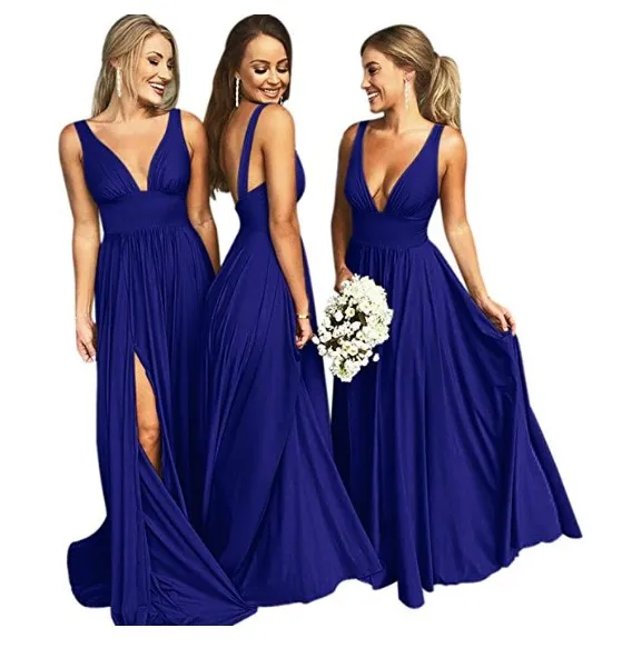 Сексуальное атласное вечернее платье без рукавов с v-образным вырезом и открытой спиной vestido formatura с разрезом, длинные платья для выпускного вечера - Цвет: royal blue