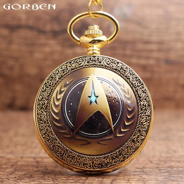 Retro Golden Star Trek Theme Pocket Watch With FOB Chain Luxury Fashion Starflee Retro Golden Star Trek Theme Pocket Watch With FOB Chain Luxury Fashion Starflee