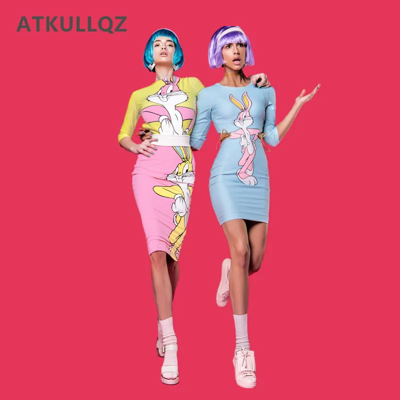 

ATKULLQZ 2019 New summer Bunny T-shirt + Skirt Suit Woman's two-piece suit Fashion cartoon image woman clothes set wholesale