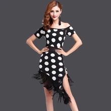 Милые девушки Женская Одежда для танцев костюм для сальсы Комплект из 2 предметов в горошек Для женщин бальных танцев платья бахрома Латинской платье