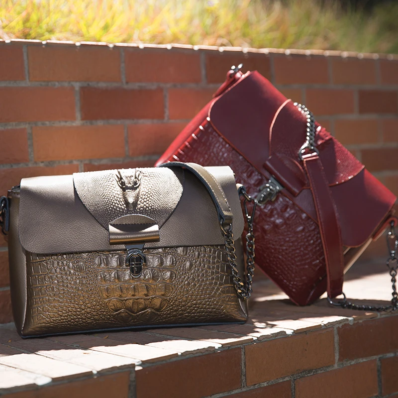  REALER women messenger bags split leather top-handle bags ladies handbags female crocodile print sh