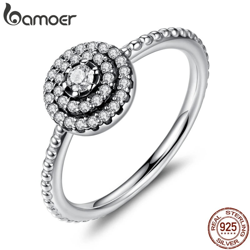 BAMOER 925 Sterling Silver Round Shape Radiant Elegance, Clear CZ Flower Finger Rings for Women ANNIVERSARY SALE 2018 PA7178