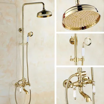 

Luxury Polished Gold Color Brass Dual Ceramic Handles Levers Bathroom Round Rainfall Shower Faucet Set Bath Tub Mixer Tap mgf371