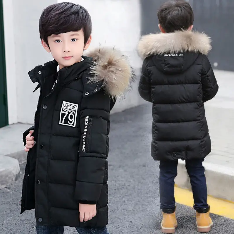 INS hot boys winter coat 4-15 years old long hooeded parka thick cotton coat warm windbreaker Hand stuffed cotton coat letters - Цвет: black