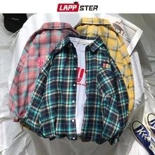 LAPPSTER мужские клетчатые рубашки Harajuku Cat, повседневные мужские рубашки на пуговицах с длинным рукавом, осенние свободные уличные желтые хлопковые рубашки