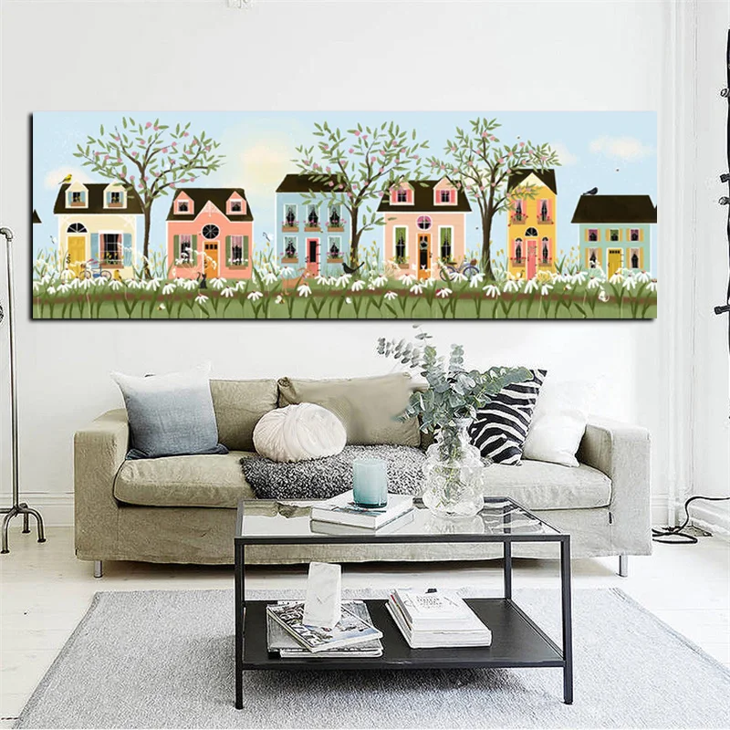 

HD Print Abstract Yellow House Flowers Tree Pastoral Landscape Oil Painting on Canvas Modern Wall Picture Poster For Living Room