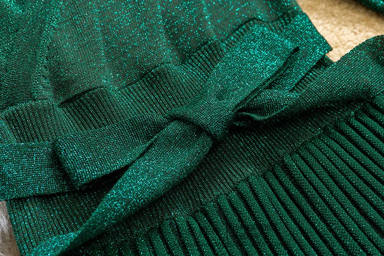 YuooMuoo Новинка европейский стиль с v-образным вырезом элегантное женское осеннее платье модное блестящее зеленое вязаное платье Плиссированное зимнее женское платье