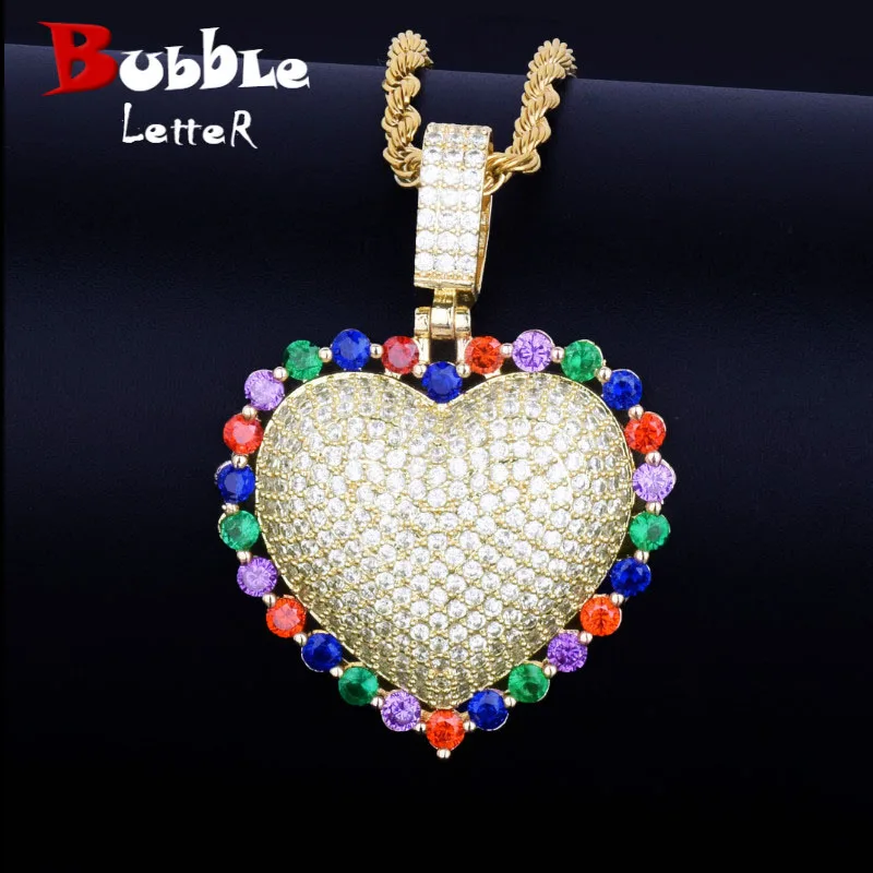 

Colorful Heart Pendant Necklace With Cuban Chain Gold Silver Color Cubic Zircon Men's Women Hip hop Jewelry For Love Gift