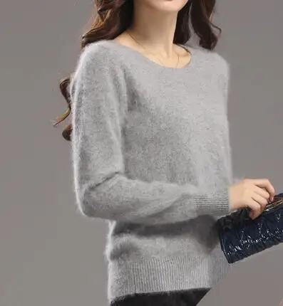 Зимний теплый свитер женский мягкий удобный свитер кашемир с норкой О-образным вырезом Тонкий облегающий вязаный толстый пуловер - Цвет: light gray