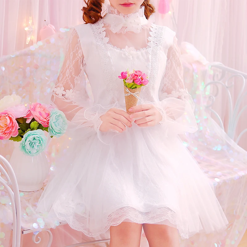 Autumn Lace Lolita White Dress Princess Pearl Bowknot Women Fashion