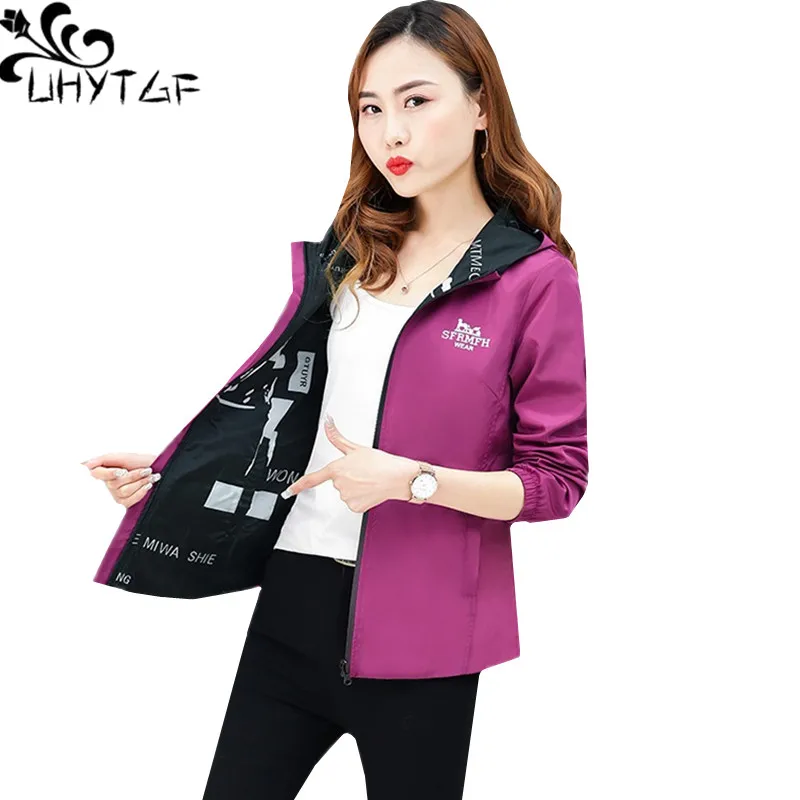 

UHYTGF Casual women spring autumn jacket loose 4XL plus size Coat New fashion Double-sided wear hooded elegant Ladies jacket 271