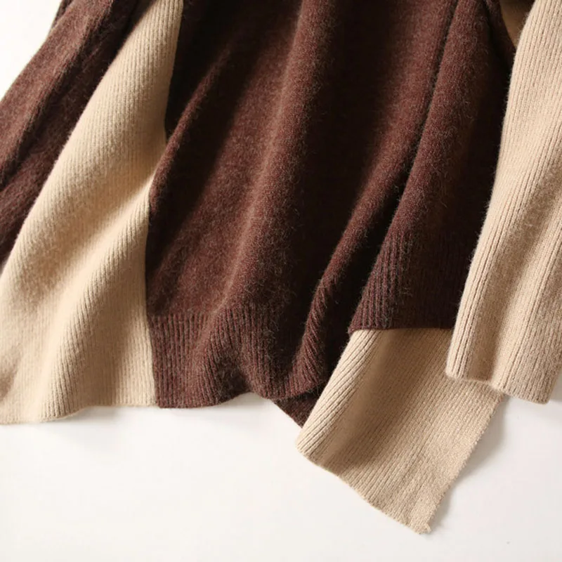 Cashmere Sweater Women 2018 New Autumn Winter Pure Cashmere Wool Fluffy V Neck Contrast Color Aysmmetrical Length Pullover Pulls