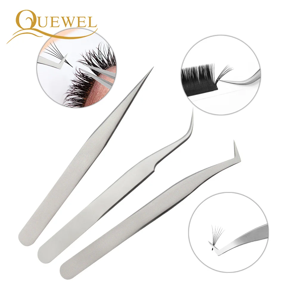 3 Pcs Eyelash Tweezer Straight Curved Stainless Steel Eyelash Clip Eyelash Extension Brow Tweezers Cosmetic Leather Case Makeup