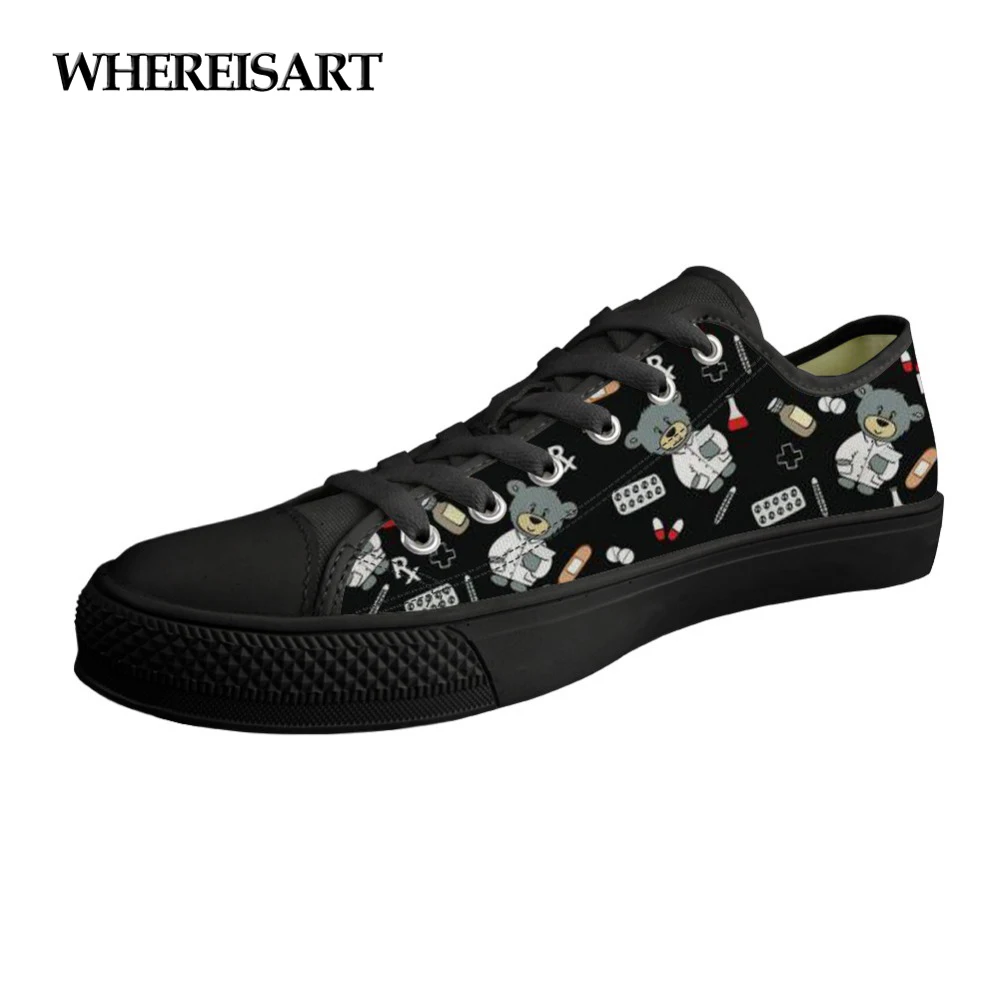 

WHEREISART Nurse Shoes for Student Men's Lace Up Low Top Canvas Shoes Cartoon Nurse Bear Doctor Print Woman Sneakers Spring