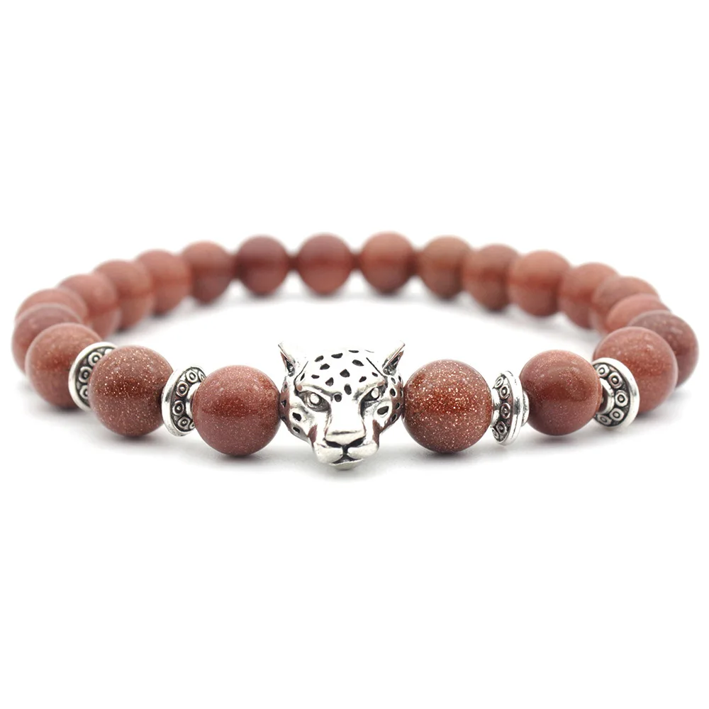 Goldstone Leopard Head Bead Bracelet For Men or Women Natural Stone 8mm