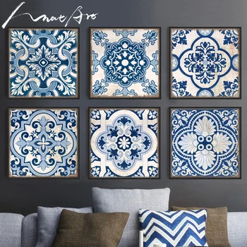 

Blue and white porcelain 9 piece canvas art Square poster Moroccan pattern wall art posters and prints painting Home Decor