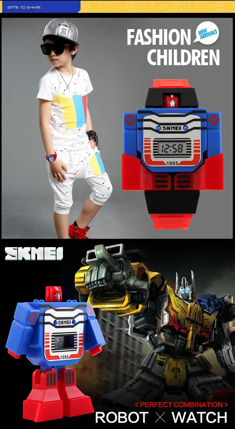 Fashion LED Digit Kids Children Watch Sports Cartoon Watches Cute Relogio Relojes Robot Transformation Toys Boys Wristwatch 1095