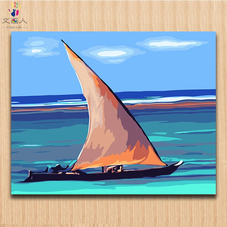 

Yacht boat Blue ocean pictures painting by numbers with colors modren simple canvas numbers paintings for children painting