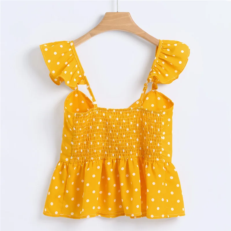 

Women Floral Frill Trim Polka Dot Top Sleeveless T Shirts Casual Chiffon Tank
