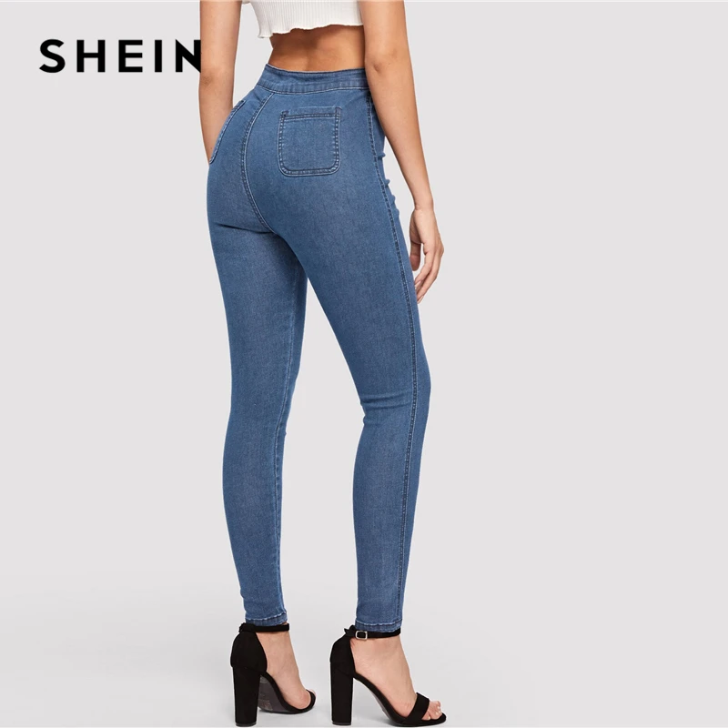 Однотонные обтягивающие джинсы SHEIN весна осень 2019 узкие эластичные синие темно