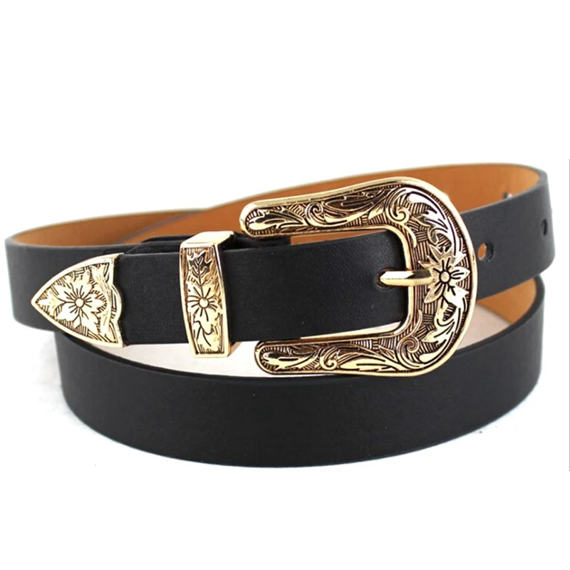 

2019 New Women Belt Ancient Silver Vintage Flower Carving Buckle Leather Belt Women Fashion Length Black Belt Women Apparel