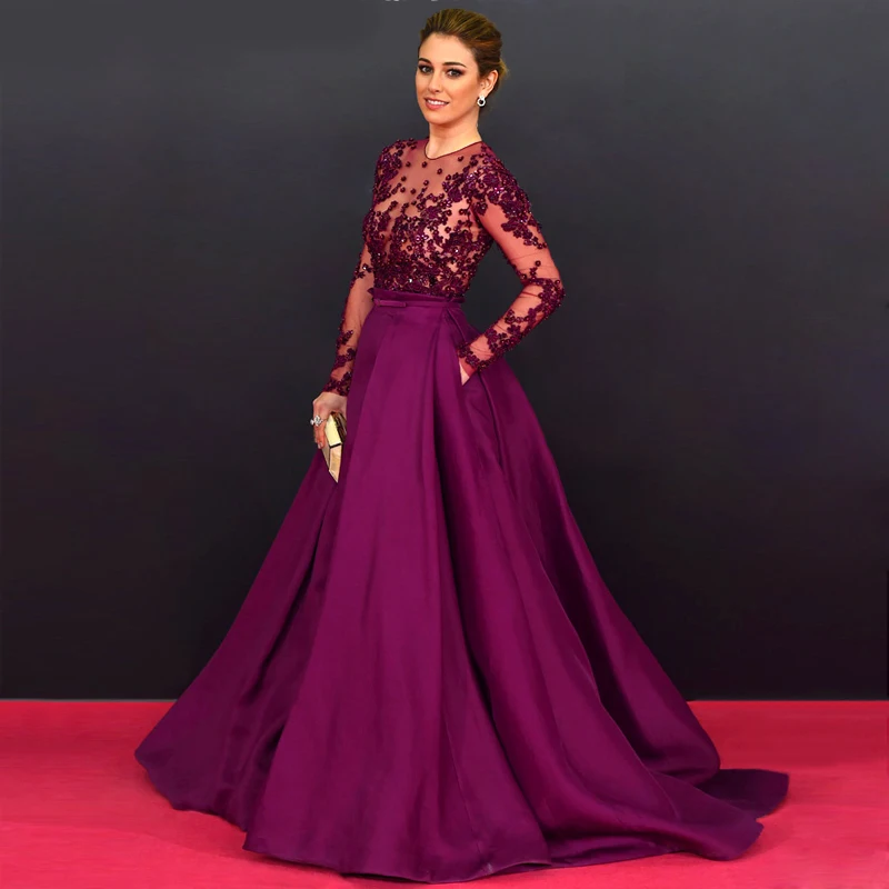 

Long Sheer Sleeve Wine Red Long Court Train Celebrity Dresses Red Carpet Dresses 2015 Vestido De Festa with Beaded