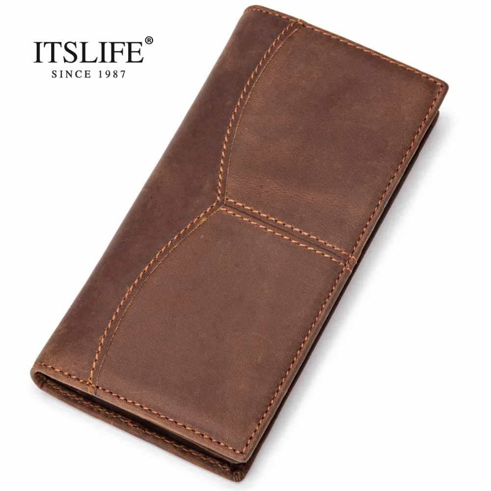 

8059R High Grade Natural Crazy Horse Leather Men Wallets Genuine Leather Purses Multifunction Vintage Long Wallet
