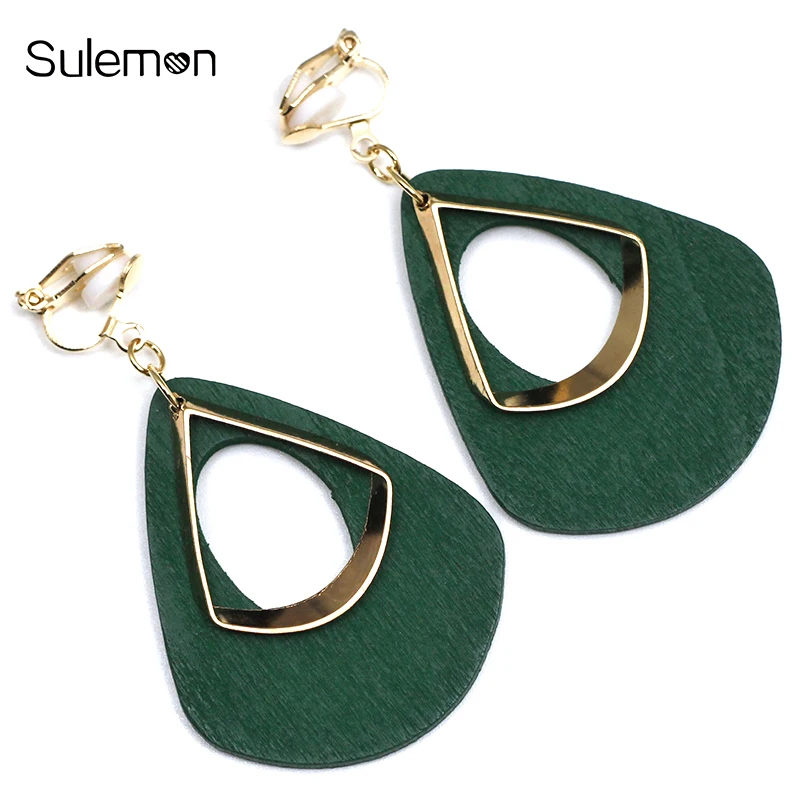 

Green Wood Clip On Earrings No Hole Ear Clips Geometric Water Droplets Earrings Without Piercing Minimalist Earring CE365
