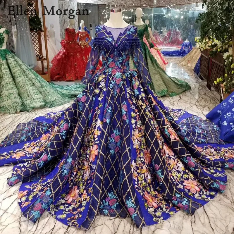 Saudi Arabian королевские синие свадебные платья с вырезом лодочкой реальные фотографии с длинными рукавами пышные кружевные Роскошные платья на свадьбы и вечеринки