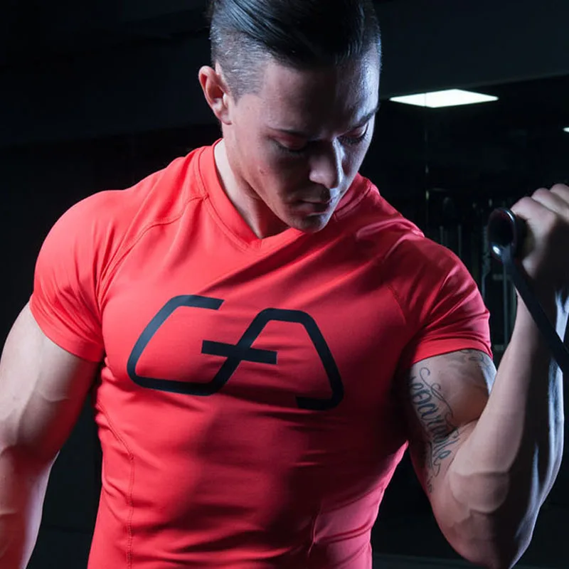 

2018NEW Muscle brothers Solid color printing Bodybuilding Healthy GymS T-shirt 3 Color Tight Power robust Man Quick Dry Fitness