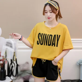 

5 Colors Womens Sweet Casual Two Piece Set Fashion Letter Print Short Sleeve O-Neck Top and Shorts Sets