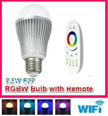 

free shipping 9W E27 RGBW (RGB+cool white) led bulb with remote, can control by iphone ipad android with wifi controller