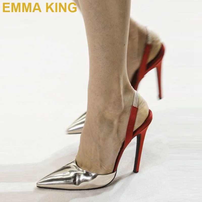 EMMA KING/Серебристые туфли-лодочки с ремешком на пятке Женская летняя обувь г. новые женские туфли на шпильке с острым носком Вечерние туфли на высоком тонком каблуке 35-43