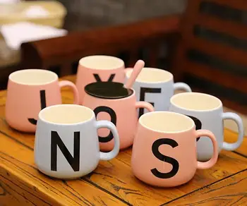 

1 Pcs English Letters Home Office Garden 400ML Ceramic Coffee Milk Tea Mug Cup With Spoon Lid